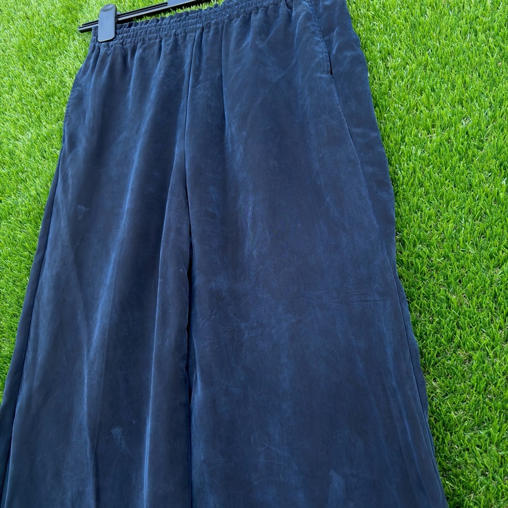 Fifteen Twenty‎ Cupro Wide Leg Palazzo Pants Womens L Navy Blue Pull-On Silky